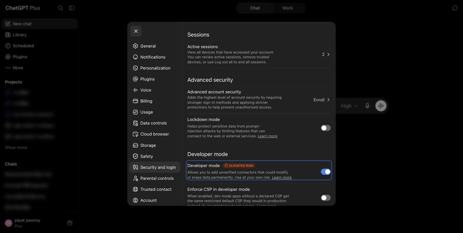 สวิตช์ Developer mode ใน Settings → Security and login เปิดอยู่