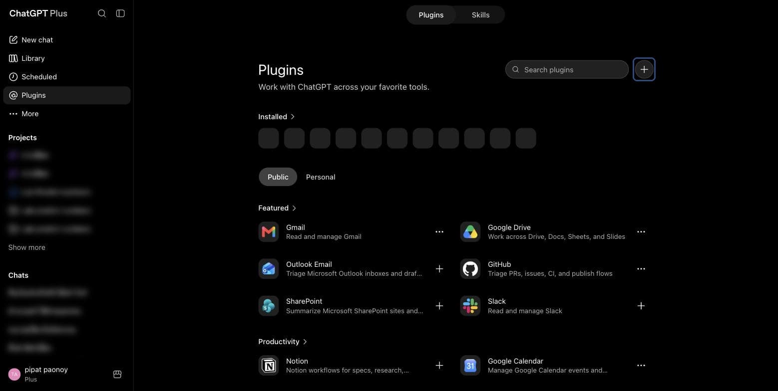 หน้า Plugins — ปุ่ม + มุมขวาบนสำหรับเพิ่ม plugin ใหม่