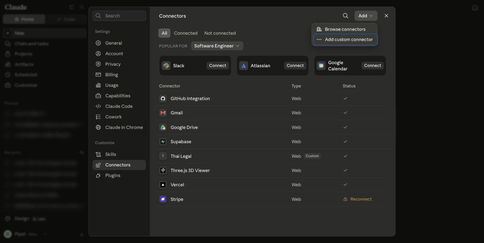 เมนู Add เปิดออก แสดงตัวเลือก Add custom connector