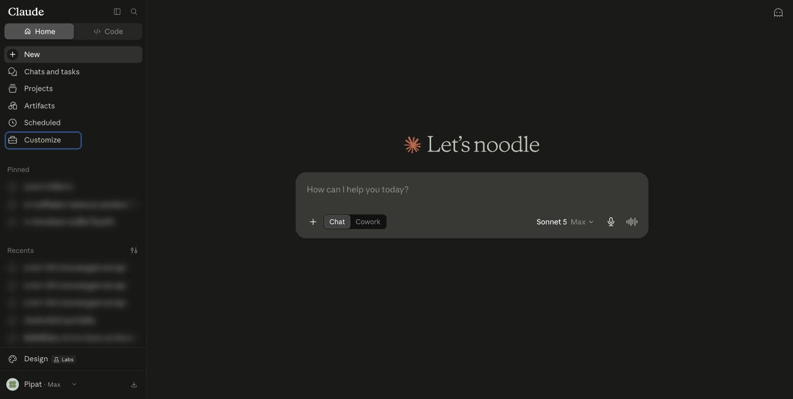 เมนูซ้ายของ claude.ai — คลิก Customize